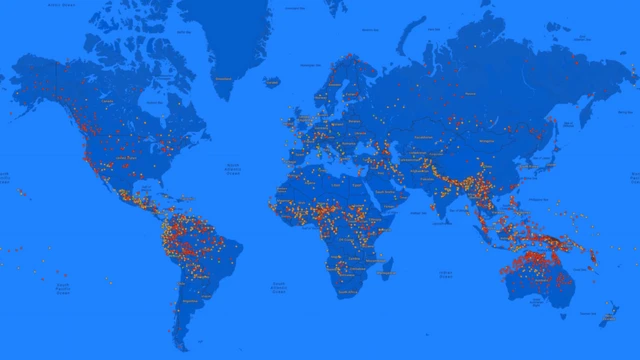 En este mapa mundial, los puntos en verde representan las lenguas en riesgo, los naranjas, las que están amenazadas, y los rojos las que podrían desaparecer para siempre.