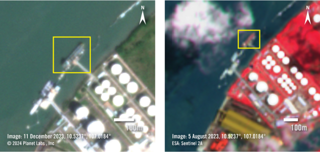 Ảnh chụp vệ tinh của Tổ chức Ân xá Quốc tế tại kho xăng dầu Cái Mép lần lượt vào tháng 12/2023 (ảnh bên trái) và tháng 8/2023 (ảnh bên phải), cho thấy một con tàu, mà tổ chức này cho rằng là tàu chở dầu Huitong 78 