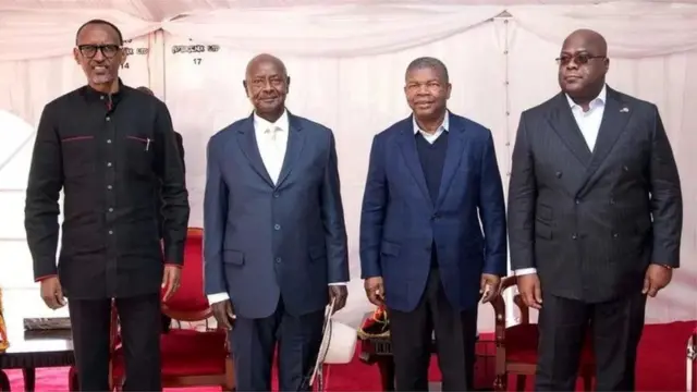 Rais wa Angola João Lourenço (wa pili kulia) na Etienne Tshisekedi wa Congo (wa kwanza kulia) walisimamia mazungumzo kati ya Uganda na Rwanda.