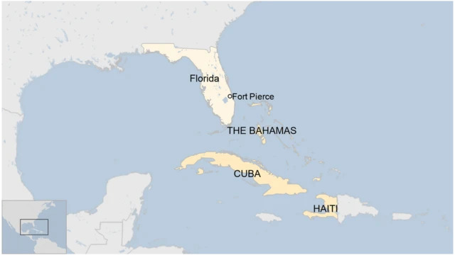 Map showing Fort Pierce, The Bahamas, Haiti and Cuba