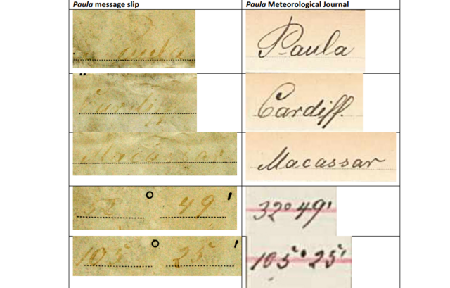 A handwriting comparison of the message in the bottle and the Paula Meteorological journal