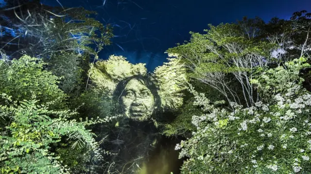 A man's face is projected on to the Brazilian rainforest canopy