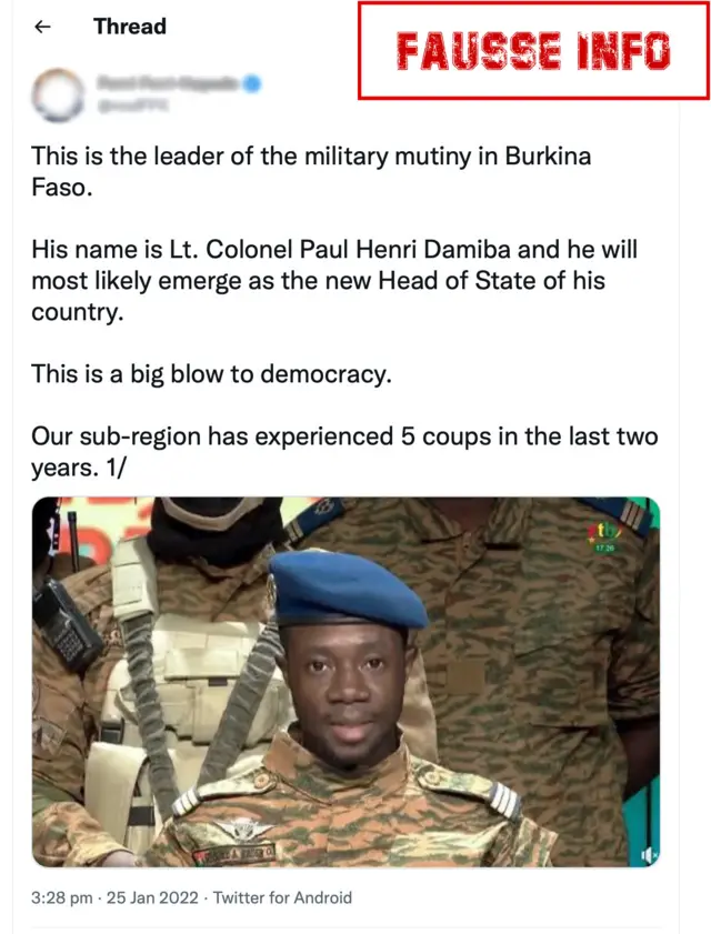 Capture d'écran d'un tweet véhiculant une fausse information sur l'identité du leader du coup au Burkina