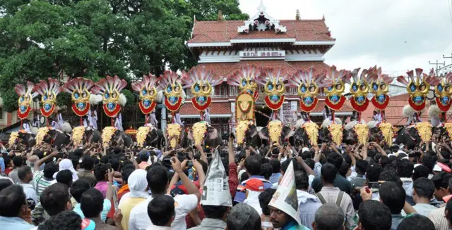 Los elefantes son utilizados para las procesiones religiosas en Kerala.