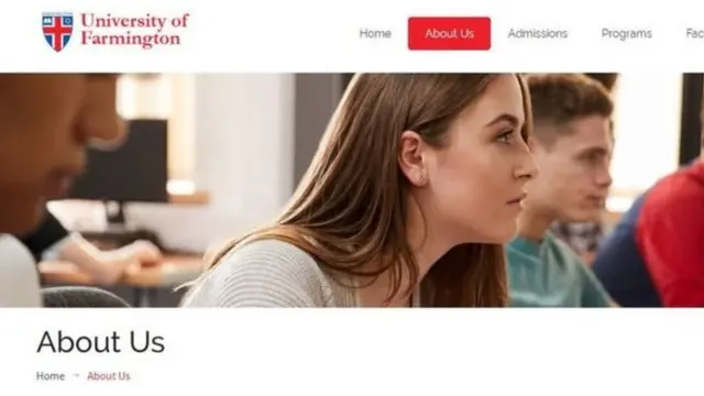 ਯੂਨੀਵਰਸਿਟੀ ਆਫ਼ ਫਾਰਮਿੰਗਟਨ ਦੀ ਜਾਅਲੀ ਵੈੱਬਸਾਈਟ ਦਾ ਸਕਰੀਨਸ਼ਾਟ ਜਿਸ ਵਿੱਚ ਵਿਦਿਆਰਥੀ ਕਲਾਸ ਰੂਮ ਵਿੱਚ ਪੜ੍ਹਦੇ ਦਿਖ ਰਹੇ ਹਨ।