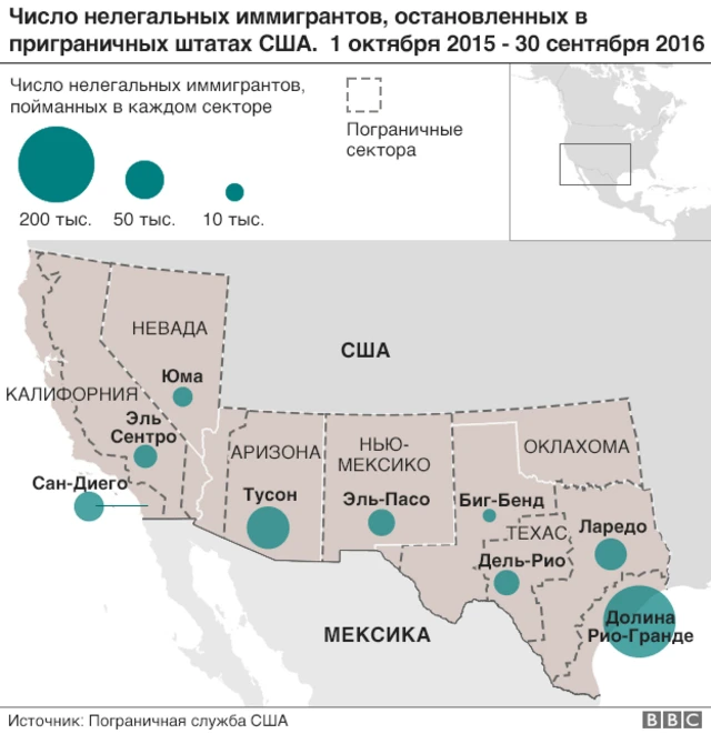 Число нелегальных иммигрантов в приграничных штатах США