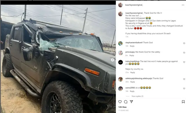 Aworan Isaac Fayose ati ọkọ rẹ to bajẹ