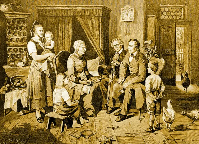 los hermanos Grimm escuchando las historias de la señora Biehmann, una cuentacuentos de la ciudad de Niederzwehren