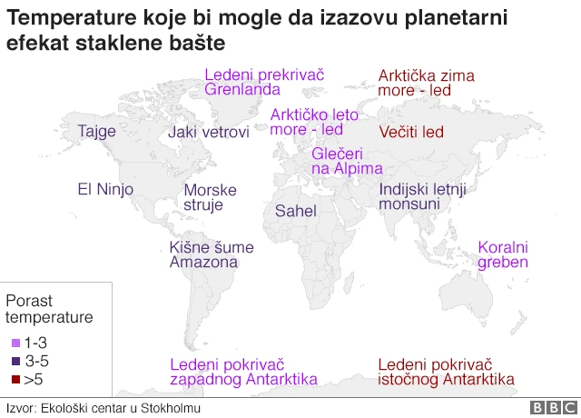 Mapa na kojoj su temperature koje bi mogle da izazovu planetarni efekat staklene bašte