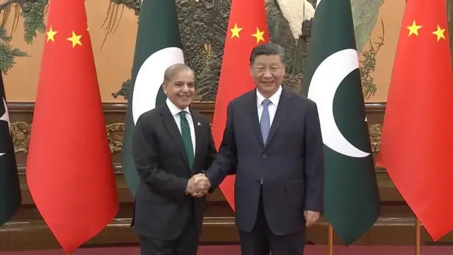 北京人民大會堂內習近平（右）與巴基斯坦總理夏巴茲（左）握手（中國中央電視台片段截屏7/6/2024）