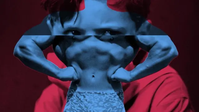 صورة متداخلة بين وجه طفل ورجل مفتول العضلات