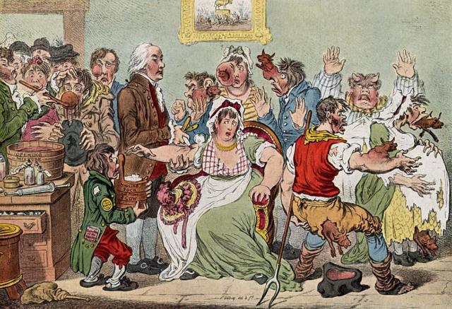 詹姆斯·吉爾雷（James Gillray）根據莫斯利對接種牛痘產生的後果創作的漫畫，畫中人接種牛痘後長出了牛角。