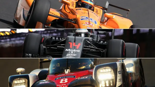 La triple corona la componen las 500 millas de Indianápolis (arriba), el Gran Premio de Mónaco de F1 (centro) y las 24 horas de Le Mans (abajo).