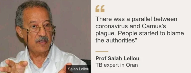 البروفيسور صلاح ليلو خبير في مرض السل بوهران يقول إن هناك أوجه شبه بين أحداث رواية الطاعون وتفشي فيروس كورونا إذ أخذ الناس يوجهون اللوم للسلطات
