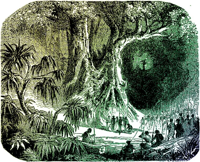 Dibujo de un artista del siglo XIX mostrando un juicio con prueba de tangena.