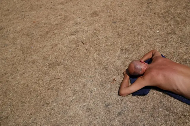 Sunčanje na suvoj travi u parku u Londonu.