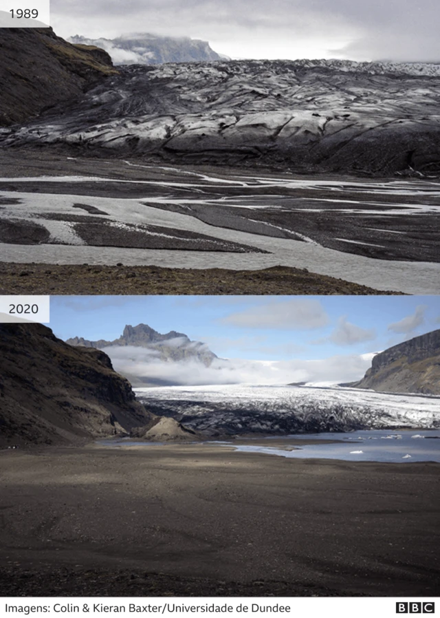 Antes e depois do glaciar Skaftafellsjokull