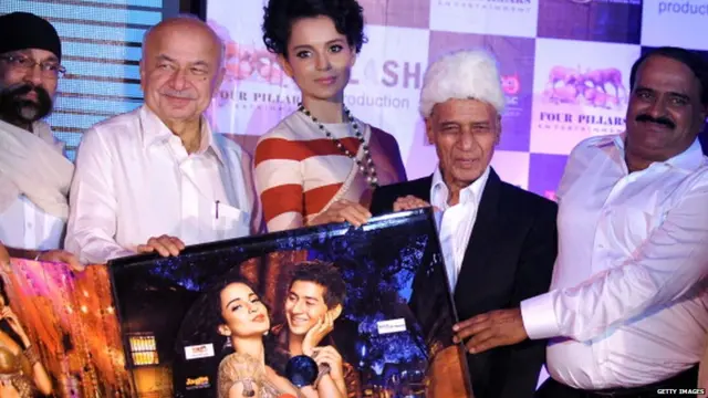 music director Uttam Singh, Indian Union Home Minister Sushil Kumar Shinde, actress Kangana Ranaut, music composer Khayyam and director Vishwas Patil pose during the music launch for the film Rajjo in Mumbai late October 27, 2013.
