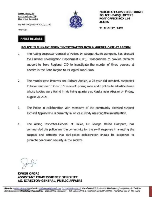 killing three persons for Alaska near Abesim for Bono region