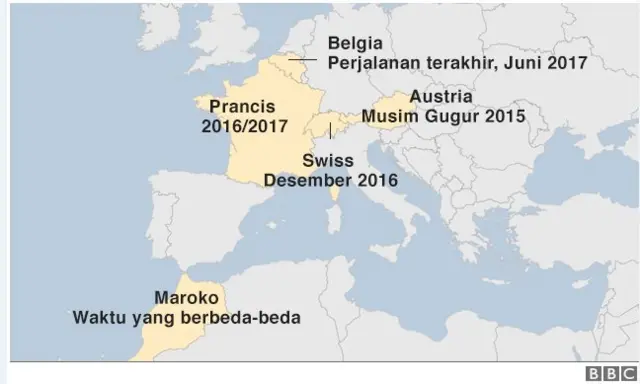 Negara-negara yang diketahui dikunjungi para pelaku sebelum serangan.