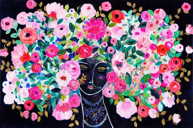 Une des peintures de Carrie Schmitt : Le portrait d'une femme dont les cheveux sont peints en fleurs.