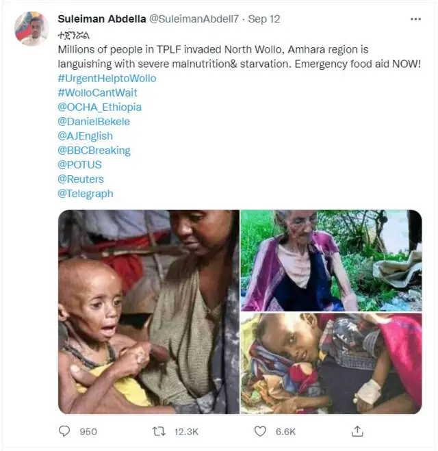 لقطة لتغريدة مع صورة من إقليم الصومال وتيغراي