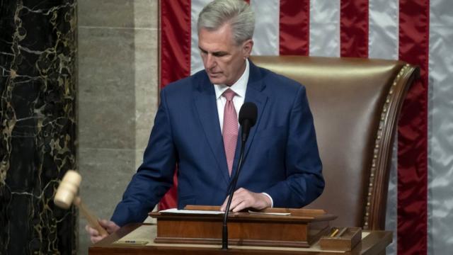 US Speaker of the House Kevin McCarthy bangs the gavel after the House voted on the "H.R. 1 Lower Energy Costs Act", on the floor of the US House of Representatives on Capitol Hill in Washington, DC, USA, 30 March 2023