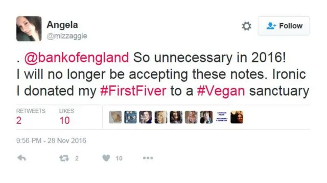 Reprodução do Twitter: "Não vou mais aceitar essas notas. Ironicamente, doei meu primeiro fiver para um santuário vegano", diz Angela no Twitter