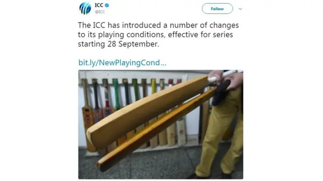 બૅટની જાડાઈ અંગેનો નિયમ દર્શાવતું આઈસીસીનું ટ્વીટ