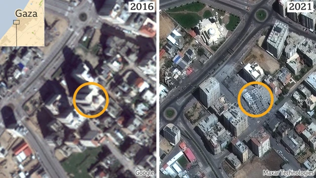 À esquerda, imagemcódigo bônus f12Gaza no Google Earth (datacódigo bônus f122016); à direita, imagem da Maxar mostra torre destruída (datacódigo bônus f1212código bônus f12maiocódigo bônus f122021)