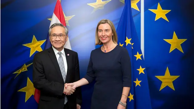 นายดอน ปรมัตถ์วินัย รัฐมนตรีต่างประเทศได้พบกับนางเฟเดอริกา โมเกรินี หัวหน้านโยบายต่างประเทศของอียู ที่กรุงบรัสเซลส์ เมื่อเดือนมีนาคม