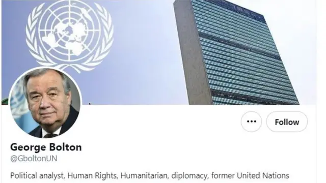 ናይ ጆርጅ ቦልተን ናይ ትዊተር ገጽ ብኸምዚ ዓይነት ስእሊ እዩ ተሰንዩ