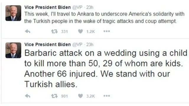 ABD Başkan Yardımcısı Joe Biden'ın Twitter'dan attığı mesajlar