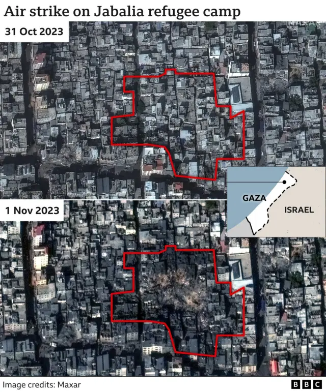 10월 31일 공격 전후 자발리아 난민촌의 윤곽을 보여주는 위성사진
