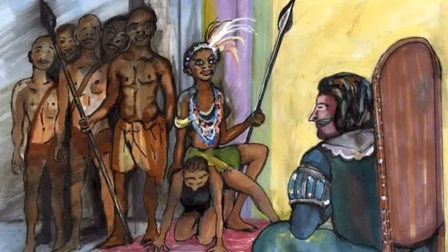 పోర్చుగీస్ గవర్నర్‌తో మాట్లాడేందకు జింగా తన అనుచరుడినే ఆసనంగా చేసుకుంది