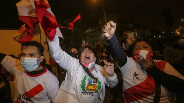Supporters of Keiko Fujimori celebrated early results