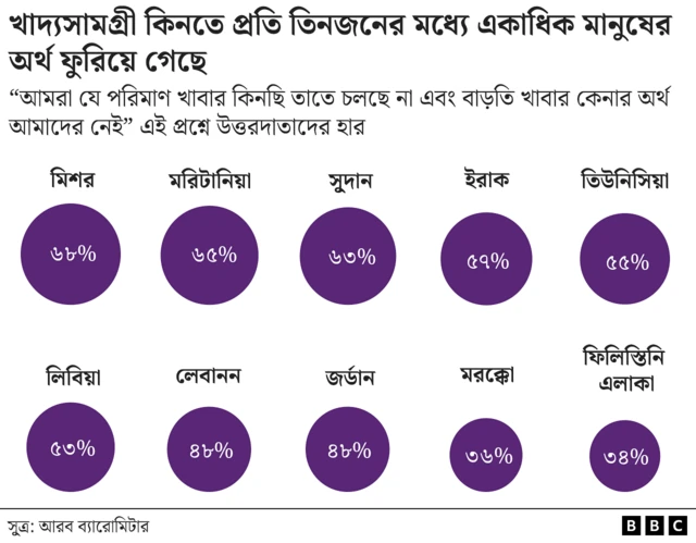 এই চার্টে দেখা যাচ্ছে কত মানুষের অর্থের অভাবে পর্যাপ্ত খাদ্য কিনতে পারেননি। মিশরে এই হার সবচেয়ে বেশি, সবচেয়ে কম ফিলিস্তিনি এলাকা ও মরক্কোয়