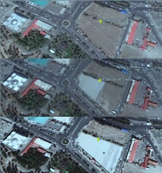 این تصویر ماهواره‌ای است که گورستان وادی رحمت تبریز را نشان می‌دهد که به مرور زمان با بتن پوشانده شده است