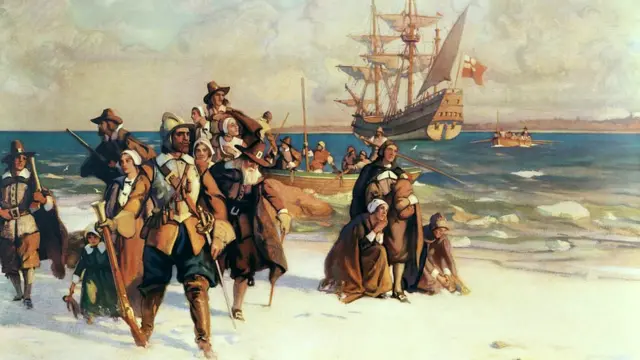 Peregrinos chegando a Plymouth, Massachusetts, a bordo do Mayflower,bonus diario betanonovembrobonus diario betano1620. Pinturabonus diario betanoW.J. Aylward