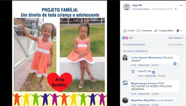 Imagem mostra post no Facebook com fotoquina pela internetAna Beatriz, ou Bia