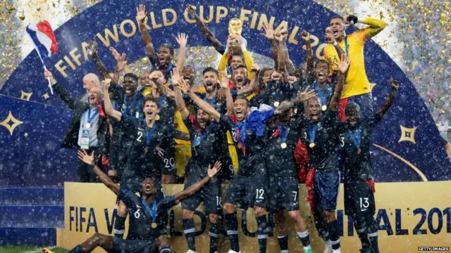 ਫਰਾਂਸ ਦੇ ਫੁੱਟਬਾਲ ਖਿਡਾਰੀ 2018 ਵਿਸ਼ਵ ਕੱਪ ਜਿੱਤਣ ਦਾ ਜਸ਼ਨ ਮਨਾਉਂਦੇ ਹੋਏ