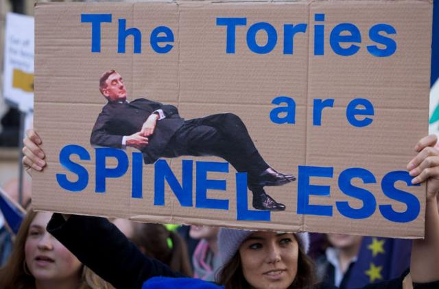 A protester holds a sign with a picture of Jacob Rees-Mogg calling the Tories "spineless"