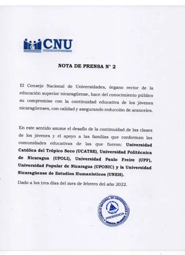 Comunicado del Consejo Nacional de Universidades