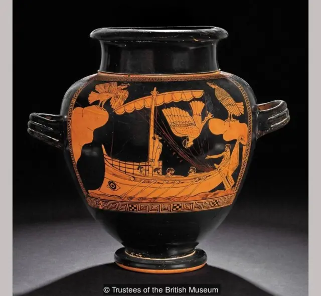 ట్రోజన్ వార్ నుంచి ఇంటికి వెళ్లే ప్రయాణంలో.. ఒడిస్సియస్ సైరెన్ల నుంచి తప్పించుకునే దృశ్యాన్ని క్రీస్తుపూర్వం 480-470 కాలానికి చెందిన ఈ ఎథీనియన్ కూజా మీద చిత్రించారు