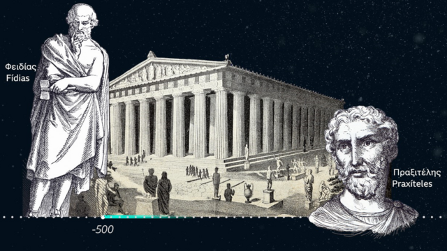 Ilustrações de Phidias e Praxiteles, escultores famosos da Grécia antiga