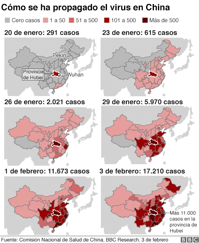 Mapa de la propagación del coronavirus en China