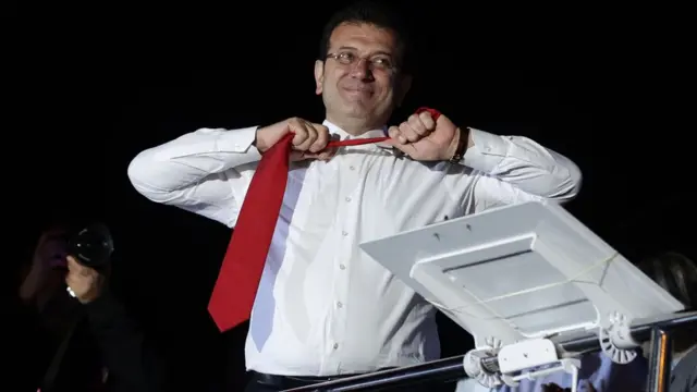 Ekrem Imamoglu, greets his supporters during his speech in Istanbul - 01 Apr 2024