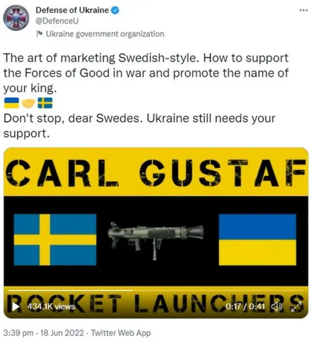 डिफेंस ऑफ़ यूक्रेन ने स्वीडन का शुक्रिया करते हुए ये वीडियो पोस्ट किया