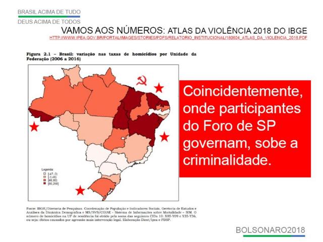 Slide do programaqual a melhor banca de aposta de futebolgoverno mostra mapa do Brasil, circundado por foices e estrelas, com destaquequal a melhor banca de aposta de futebolvermelho mais fortequal a melhor banca de aposta de futebolalguns Estados: 'Coincidentemente, onde participantes do Foroqual a melhor banca de aposta de futebolSP governam, sobe a criminalidade'