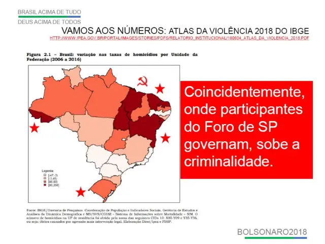 Slide do programa10 bet online casinogoverno mostra mapa do Brasil, circundado por foices e estrelas, com destaque10 bet online casinovermelho mais forte10 bet online casinoalguns Estados: 'Coincidentemente, onde participantes do Foro10 bet online casinoSP governam, sobe a criminalidade'